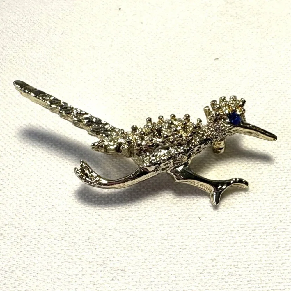 Vintage Silver Tone Roadrunner Bird Brooch Pin Sapphire‎ Blue Rhinestone Eye